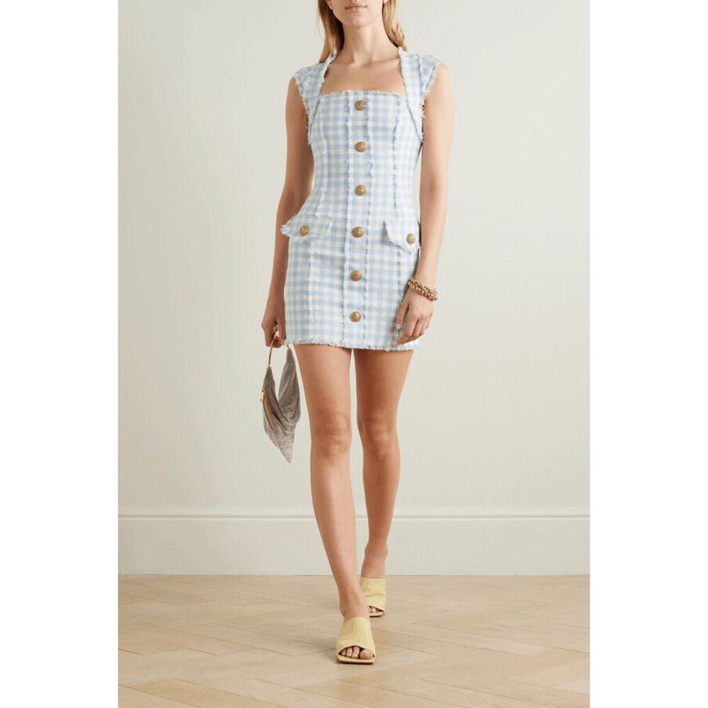 NWT Balmain Frayed Gingham Cotton-blend Tweed Mini Dress - Blue Size FR36/US4 $3